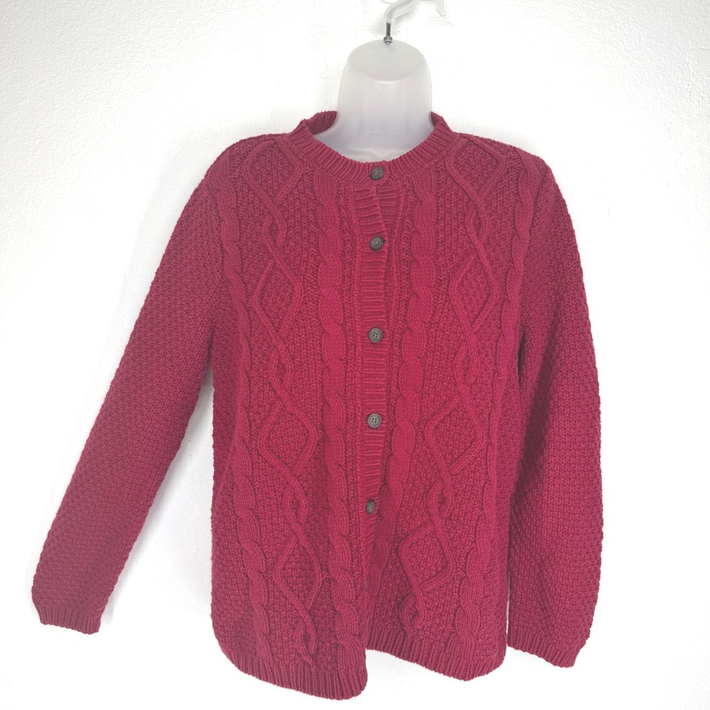 Vintage Red Chunky Cable Knit Fisherman Cardigan Sweater Small P Coastal Preppy